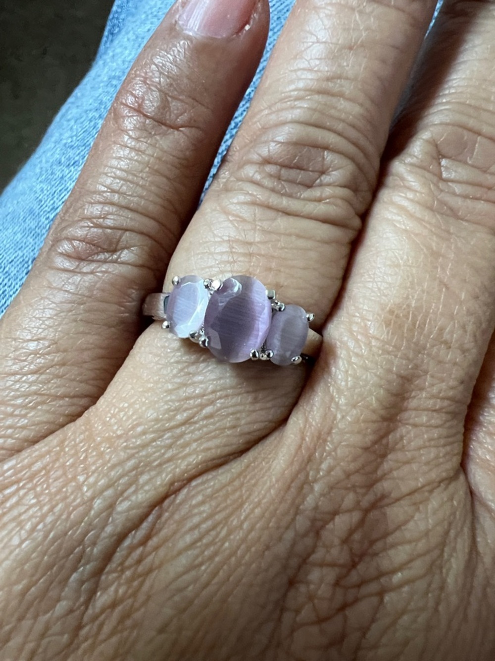 Silver Tone Pink Cat’s Eye Three Stone Ring Feminine Soft Glow Size 7.75 #7757